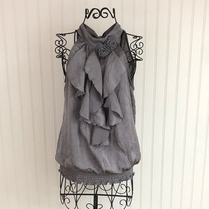 B•Design Gray Ruffle Tie Blouse